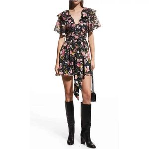 Tanya Taylor Mara Black Floral Print Mini Dress Flutter Sleeve V Neck Sz 10 NWT